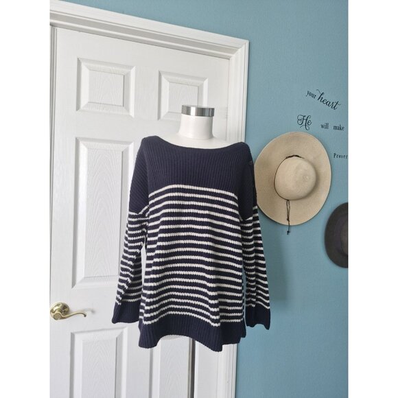 ANN TAYLOR Navy Blue & White Stripped Sweater 95% Wool 5% Cashmere Size XL - Picture 1 of 9